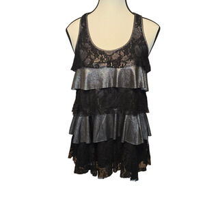 Andrea Behar For Boston Proper Top Womens S Black Lace Silver Metallic Layers